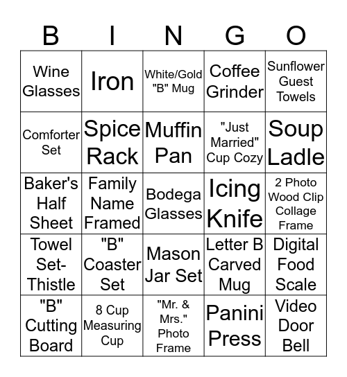 Bridal Shower Bingo Card