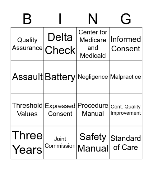 The Health Care Setting Bingo Card