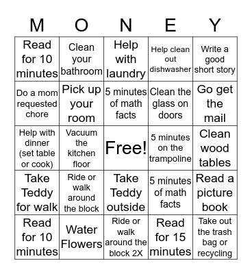 Chores Bingo for Money! Bingo Card