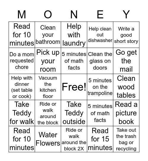 Chores Bingo for Money! Bingo Card