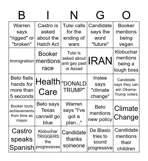 Democratic Debate Night One Bingo Card