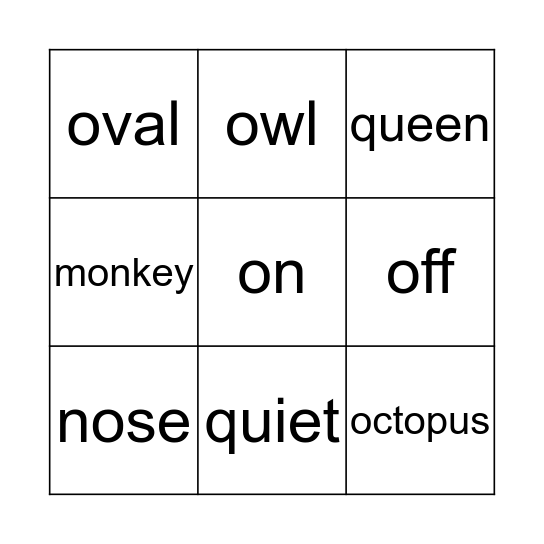 Letter O/Q Bingo Card