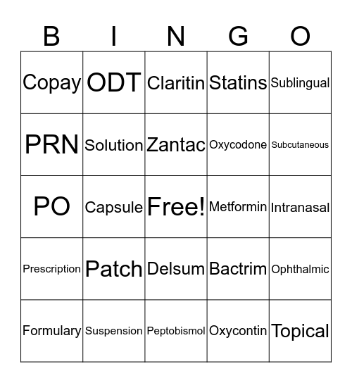 Pharmacy Bingo Card