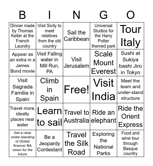 Bucket List Bingo Card