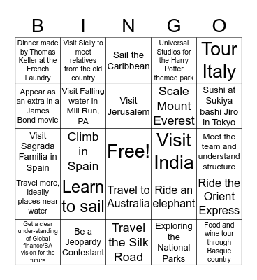 Bucket List Bingo Card