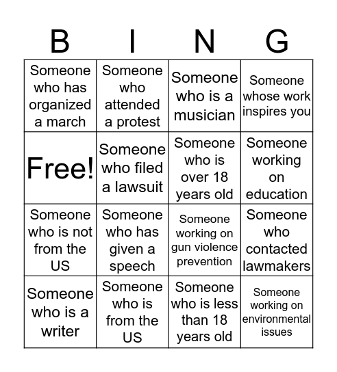 Youth Activist Bingo Card
