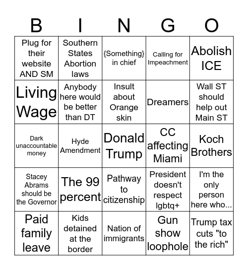 Democratic Debates Bingo Card