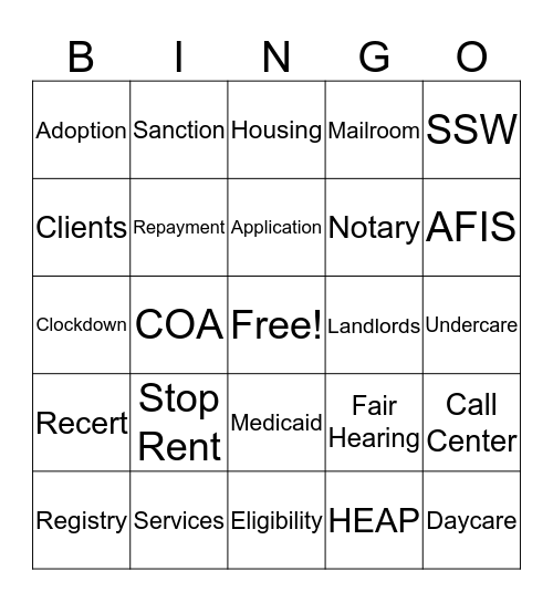 Social Services Bingo Card