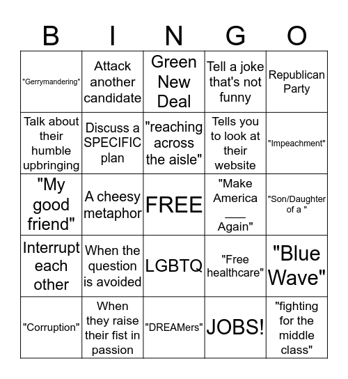 Democratic Debate 2020 Bingo Card