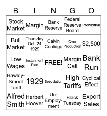 Causes of the Great Depression Bingo Card