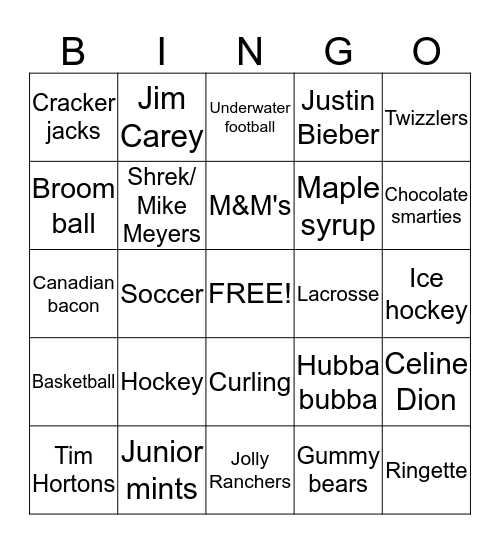 Canada Bingo Card