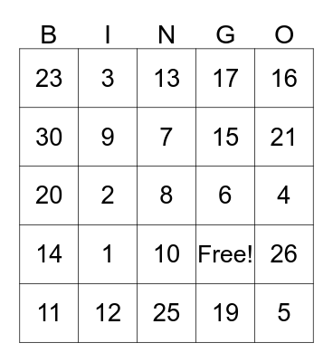 Number "Bingo" Bingo Card