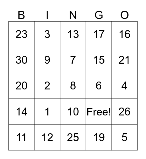 Number "Bingo" Bingo Card