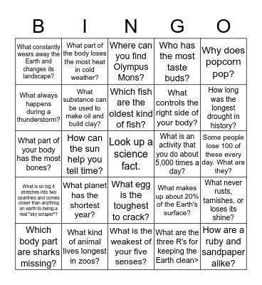 SCIENCE TRIVIA Bingo Card