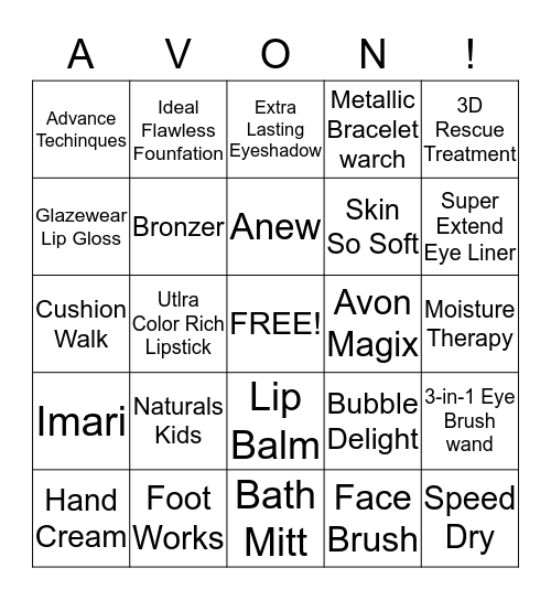 Avon Calling Bingo Card