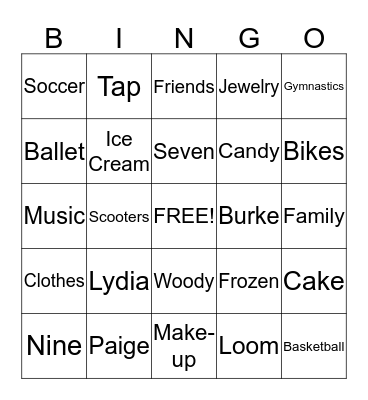 Birthday Girl Bingo Card