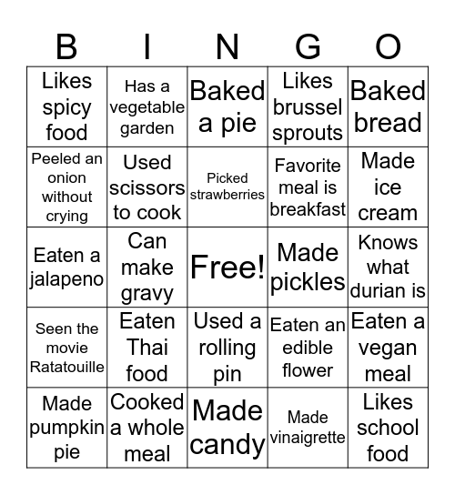 Food Bingo Card