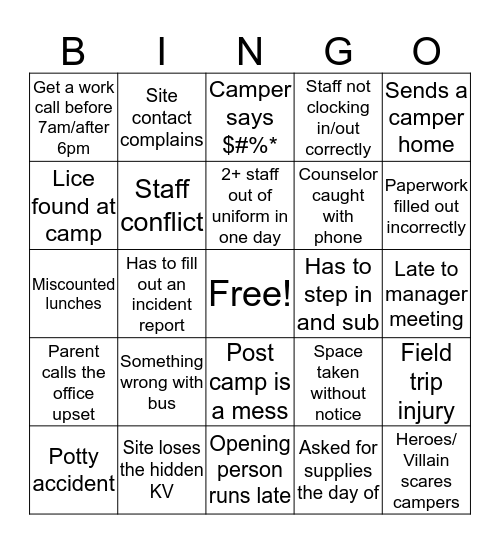 Manager Bingo Card