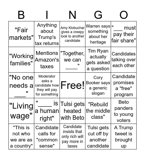 Democratic Debate Bingo - Night 1 Bingo Card