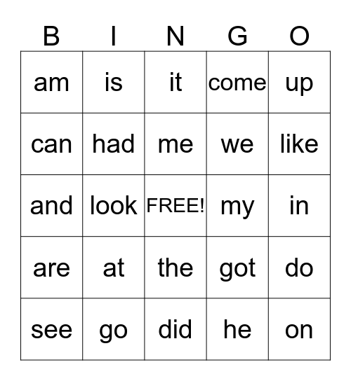 Sight Word  Bingo Card