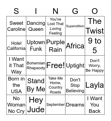 SINGO Bingo Card