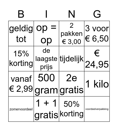 Geld/prijzen Bingo Card