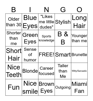 Joe's Dream Girl Bingo Card