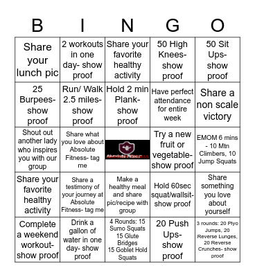 Fitness Black Out Bingo Card