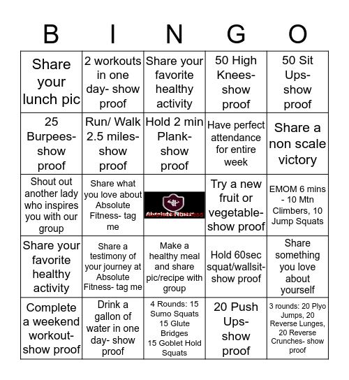 Fitness Black Out Bingo Card