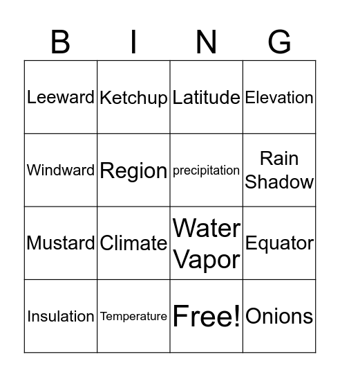 Weather Vocab Bingo Card