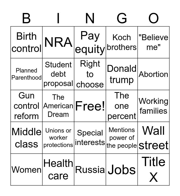 Presidential Debate Bingo Card