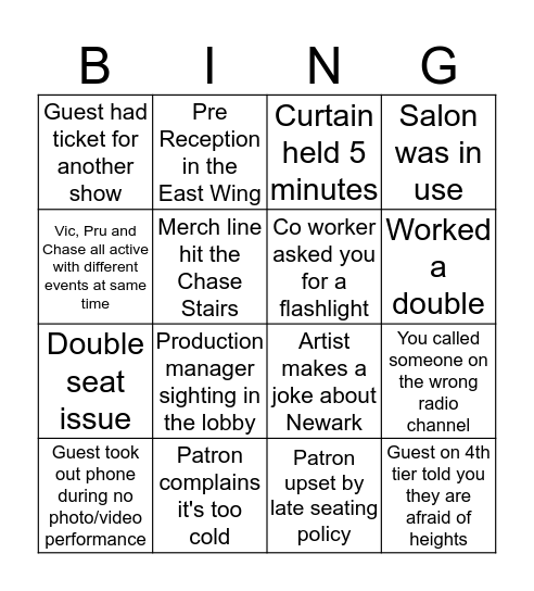 USHER BINGO Card