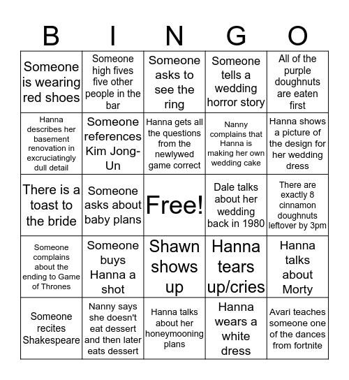 Hanna's Bridal Bingo Card