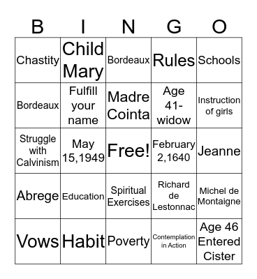 Saint Jeanne de Lestonnac Bingo Card