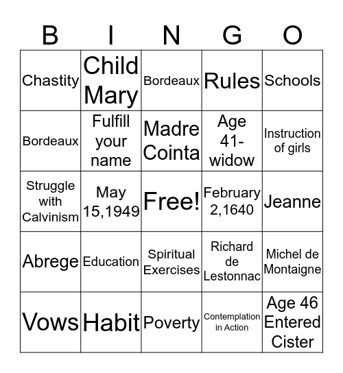Saint Jeanne de Lestonnac Bingo Card