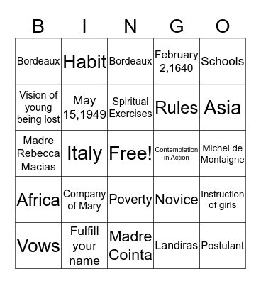 Saint Jeanne de Lestonnac Bingo Card