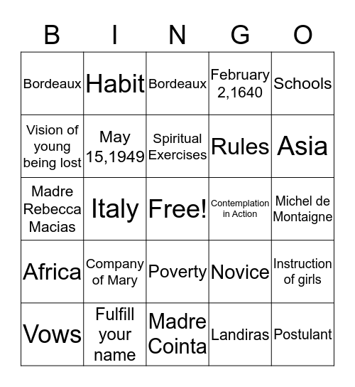 Saint Jeanne de Lestonnac Bingo Card