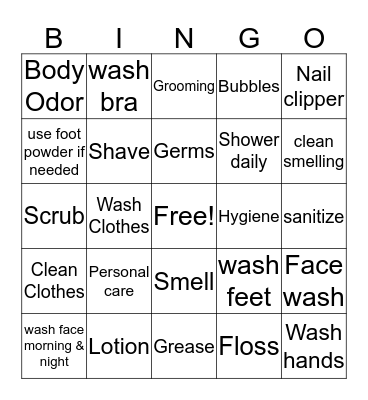 Hygiene Bingo Card