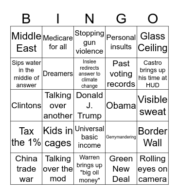 Democratic Debate Bingo 2019 Bingo Card