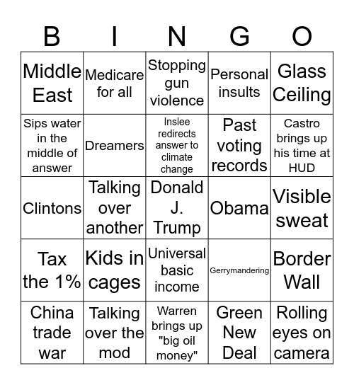 Democratic Debate Bingo 2019 Bingo Card