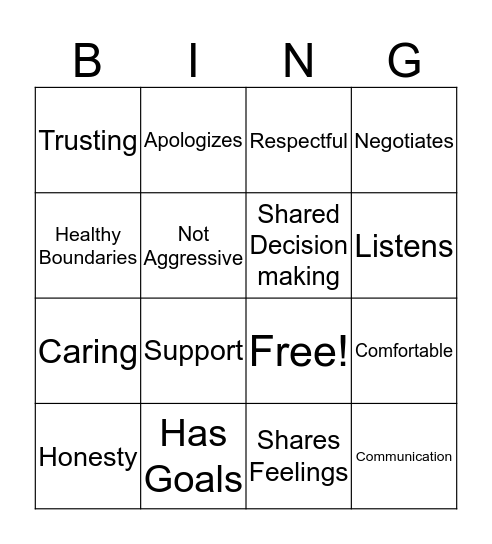Healthy Relationship Bingo Card