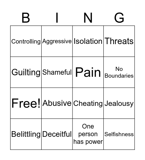 Unhealthy Relationship Bingo Card