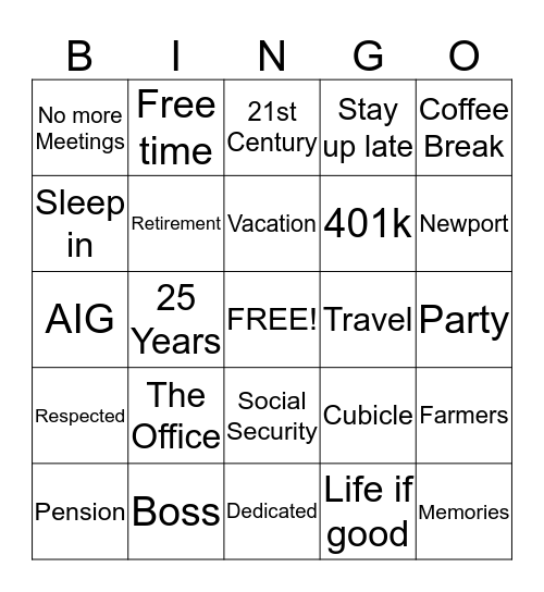 Debbie's Retirement Bingo Card