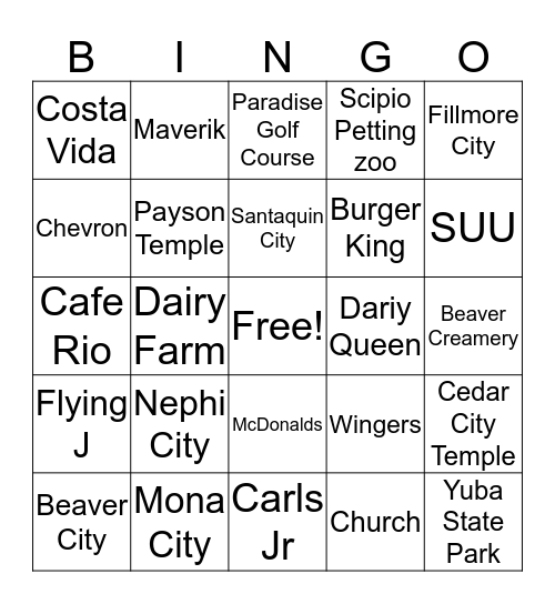 Amazing Race Bingo Card