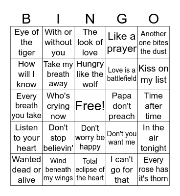 80's Music Bingo Card