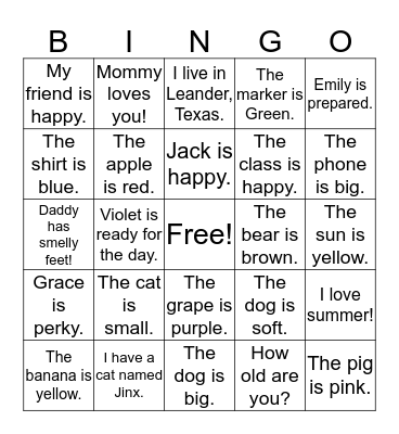 Simple Sentence Bingo  Bingo Card