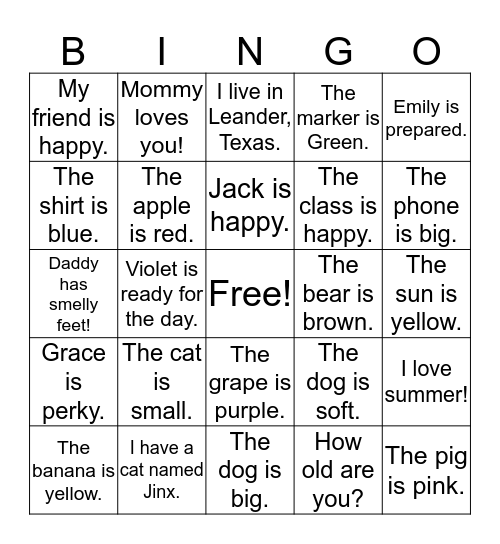 Simple Sentence Bingo  Bingo Card
