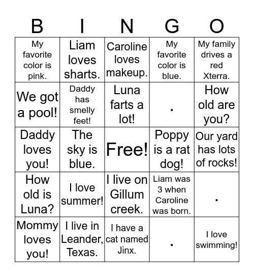 Simple Sentence Bingo  Bingo Card