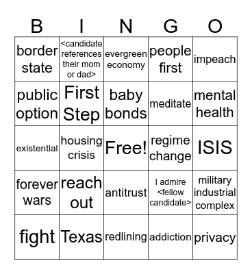 Dem Debate 2020 Night 1 Bingo Card