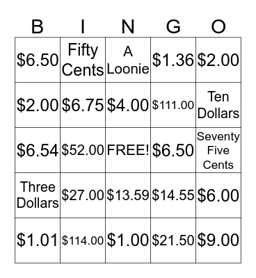 Money Bingo Card